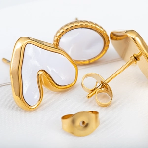 French style stainless steel gold earrings with heart and oval mother of pearl inlays