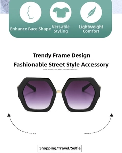 Detail of oversized hexagonal sunglasses with black frames and purple gradient lenses