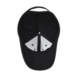 Inside view of black cotton baseball cap with structured front panel and gold metal buckle