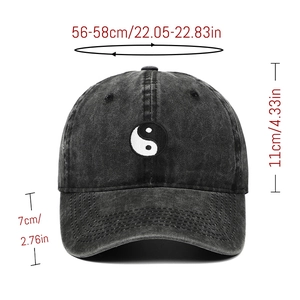 Detailed size specifications for Tai Chi Yin Yang embroidered black baseball cap