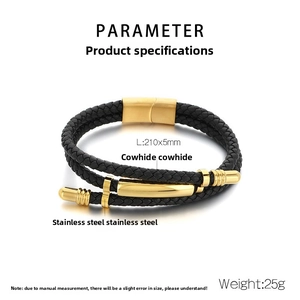 Close-up of double-layer woven leather bracelet with stainless steel magnetic clasp