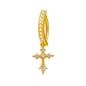 Close-up of golden cross navel ring inlaid with marquise-cut white zircons