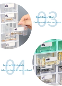 Detail of transparent storage drawers with label slots and dividers for organizing crafts