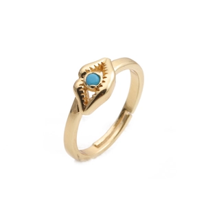 Bague ouverte ajustable dorée avec zircon bleu en forme d'œil protecteur pour femme