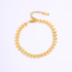 Élégant bracelet chaîne feuille en acier inoxydable doré avec fermoir mousqueton et extension