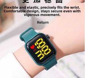 Close-up of flexible dark green silicone strap and LED square touch screen on the wrist
