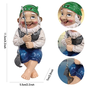Resin fishing gnome garden ornament with dimensions 11.5cm high and detailed close-ups