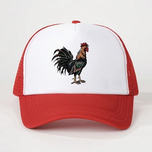 Detail view of the red and white mesh trucker hat featuring a colorful rooster print