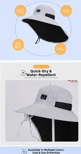 Detail of light grey waterproof sun hat with wide brim showing quick-dry fabric testing