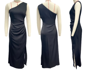 Detailed three-view shots of black one-shoulder satin dress with side slit design
