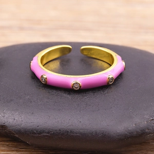 Adjustable 18K gold plated copper ring with pink enamel and sparkling zircon inlay