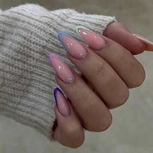 Colorful French Almond Shape Press On Nails With Glue Reusable Full Cover False Nails For Women Daily Manicure Decoration