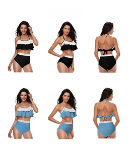 Detail view of high-waist bikini set with triple ruffles and halter tie design