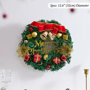 32cm Christmas pine needle wreath with red bows, gold bells, and festive ornaments