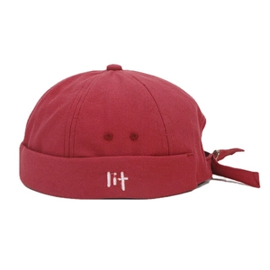 Retro dark red brimless docker hat with lit embroidery and adjustable back strap