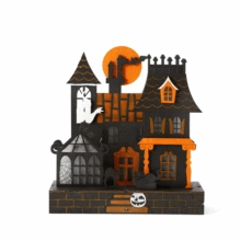 Detailed layered view of a Halloween wooden ghost house ornament with orange and black LED lights