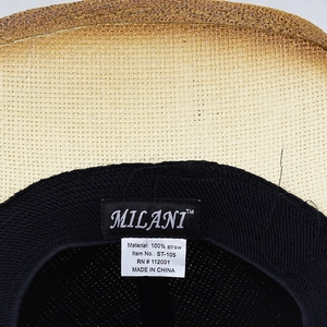 Detail view of the straw cowboy hat interior with sweatband and 100% straw material label