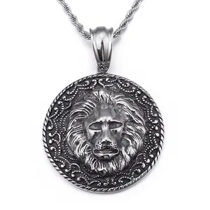 Lion Head Round Pendant Necklace Retro Distressed Stainless Steel Relief Punk Hip Hop Style Jewelry For Men Cool Gift