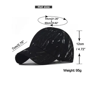 Size chart for tie-dye baseball cap showing dimensions for brim, height, and head circumference