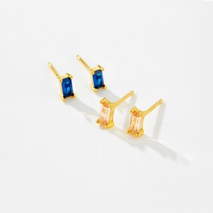 Elegant S925 silver square zircon stud earrings in navy blue and champagne gold