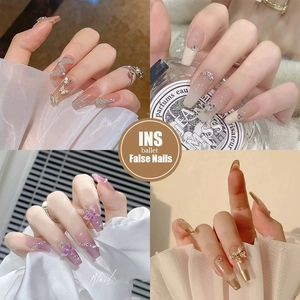 Long Coffin Press On Nails False Nails Rhinestone Butterfly Bow French Tip Gradient For Women Daily Party Sweet Style