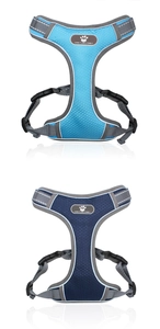 Detail of reflective strips and breathable mesh fabric on blue pet harnesses