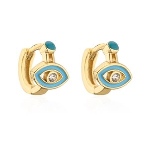 18K gold plated copper evil eye hoop earrings with blue enamel and sparkling zircon