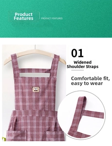 Detail of red plaid apron with cute bear embroidery and wide shoulder straps for comfort