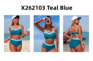 Three-view layout of teal blue high waist bikini set with white square buckle straps