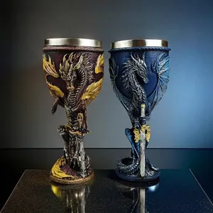 Dragon Sword Goblet Medieval Fantasy Gothic Wine Glass Stainless Steel Liner Resin Chalice For Bar Party Decor Gift