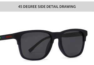 Detail view of matte black TR sunglasses with tri-color striped temples and grey lenses