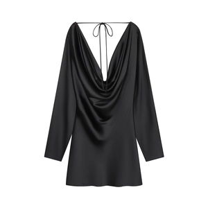 Elegant black satin dress with long sleeves and a draped cowl neckline on white background