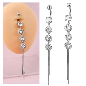Stainless Steel Cubic Zirconia Imitation Artificial Pearl Belly Button Ring Long Tassel Chain Body Piercing Jewelry For Women
