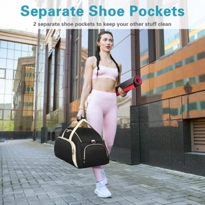 Detail of waterproof gym bag showing two separate shoe pockets for fitness storage