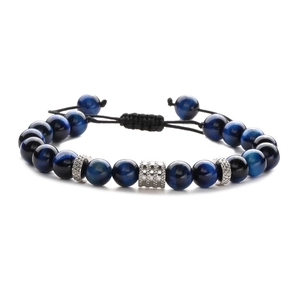 Adjustable blue tiger eye beaded bracelet with stainless steel accents and woven cord