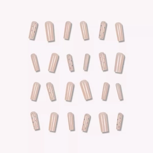Nude pink long coffin press-on nails set with sparkling rhinestone accents, 24 pieces