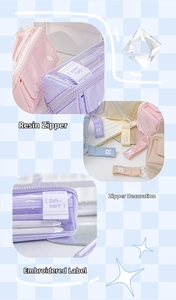 Detailed close-up of resin zipper with R embroidery and soft macaron fabric texture