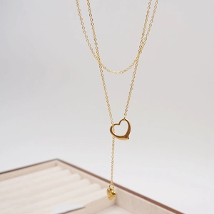 Double-layered 18K gold-plated Y-shaped necklace with minimalist hollow heart pendants