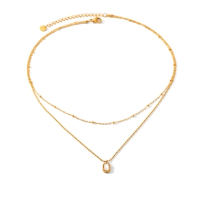 Detail of 18K gold plated double layer necklace with a square zircon pendant on white background