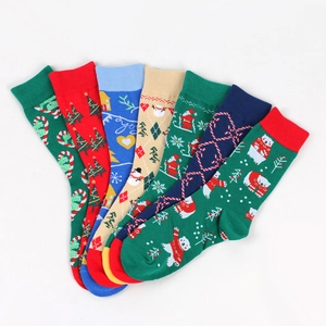 Collection of seven colorful Christmas socks featuring festive holiday patterns and rib cuffs