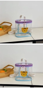 Detail of transparent PVC kids backpack with blue trim and cute yellow tiger patch