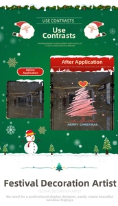 Detail of pink hand-drawn Christmas tree window sticker with Merry Christmas text