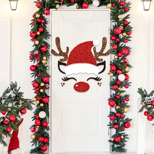 Adesivi natalizi a renna glitterata con cappello di Babbo Natale per decorazione porta