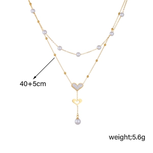 Double-layer gold chain necklace with pearls, heart pendant, and 40+5cm size markers