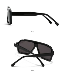 Side and back view of retro square frame sunglasses in glossy black acetate finish