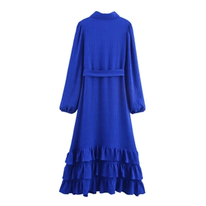 Elegantes Maxikleid in Klein-Blau mit langen Ärmeln, Rüschensaum und Taillengürtel