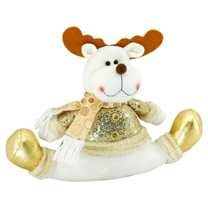 Sequin Christmas reindeer plush decoration in gold and white, festive holiday ornament
