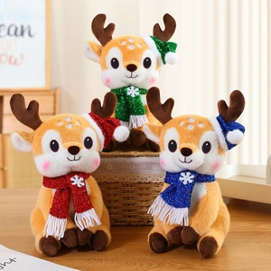 Three plush Christmas reindeer toys with colorful sequin hats and scarves in a basket