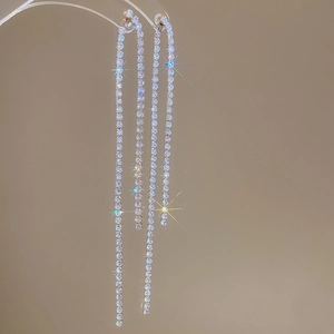 Close-up of elegant silver long tassel earrings with sparkling rhinestones on a stand
