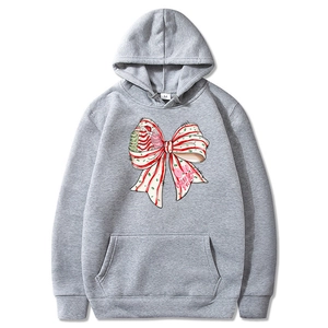 Gray Christmas hoodie for couples with bow print and Oh Christmas Tree text